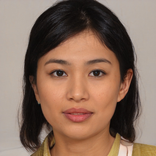Neutral asian young-adult female with medium  black hair and brown eyes