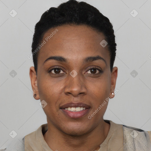 Joyful black young-adult female with short  black hair and brown eyes