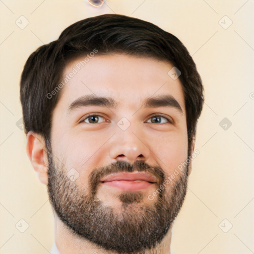 Neutral white young-adult male with short  brown hair and brown eyes