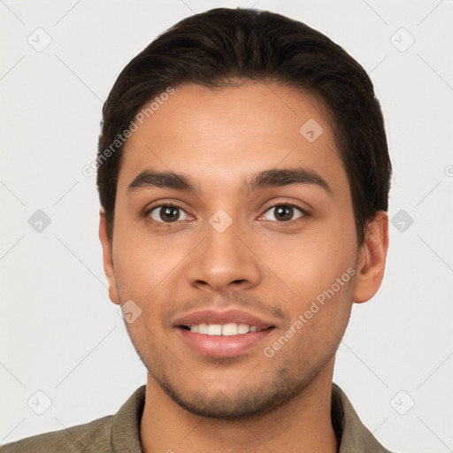 Joyful white young-adult male with short  brown hair and brown eyes