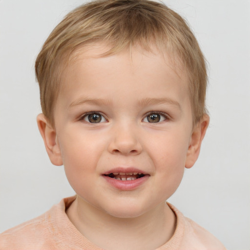 Joyful white child female with short  brown hair and brown eyes