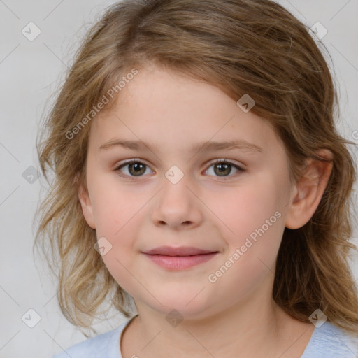 Joyful white child female with medium  brown hair and brown eyes