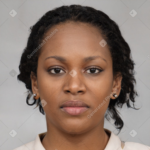 Neutral black young-adult female with medium  black hair and brown eyes