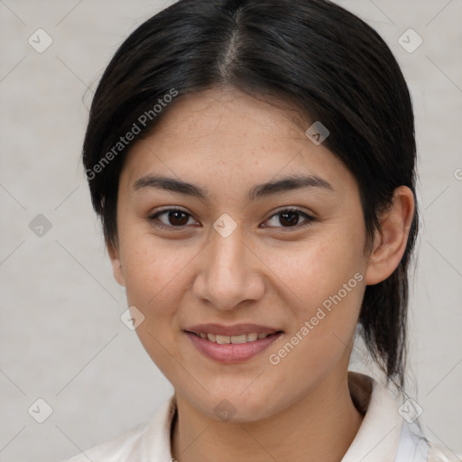 Joyful white young-adult female with medium  brown hair and brown eyes