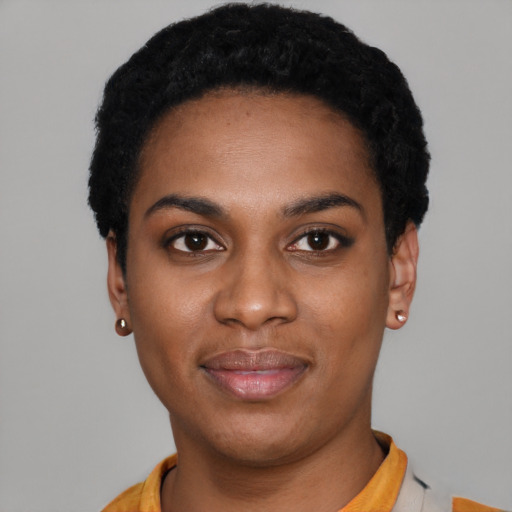 Neutral black young-adult female with short  black hair and brown eyes