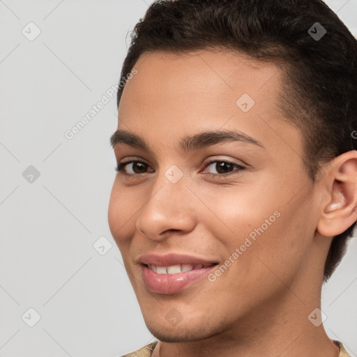 Joyful white young-adult female with short  brown hair and brown eyes