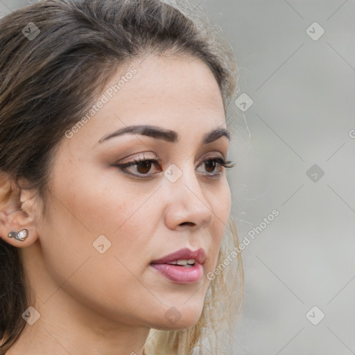 Neutral white young-adult female with medium  brown hair and brown eyes