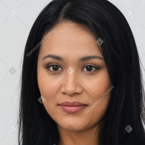 Joyful latino young-adult female with long  black hair and brown eyes