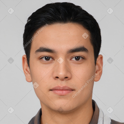 Neutral asian young-adult male with short  black hair and brown eyes