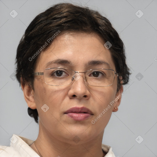 Joyful white adult female with short  brown hair and brown eyes