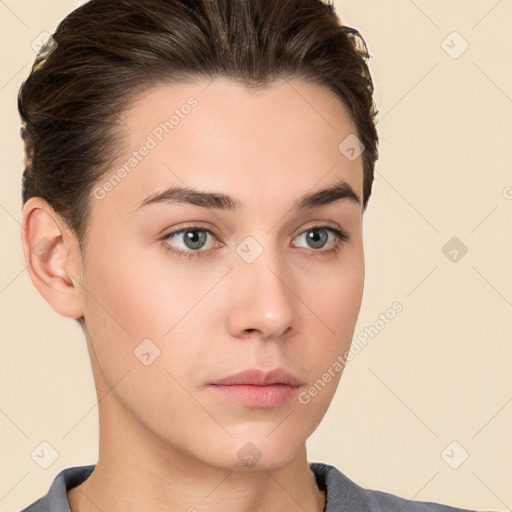 Neutral white young-adult female with short  brown hair and brown eyes