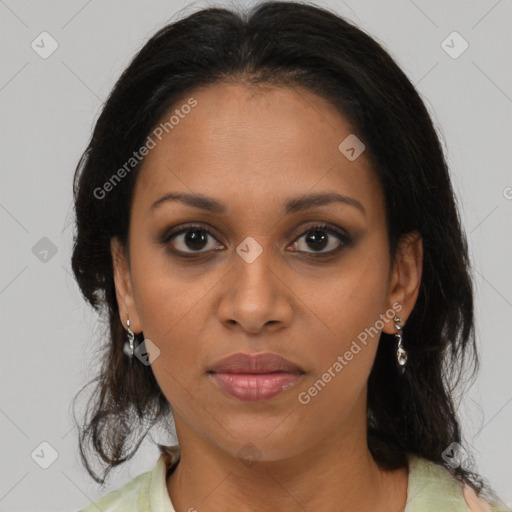 Joyful black young-adult female with medium  brown hair and brown eyes