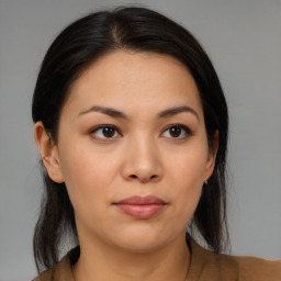 Neutral asian young-adult female with medium  brown hair and brown eyes