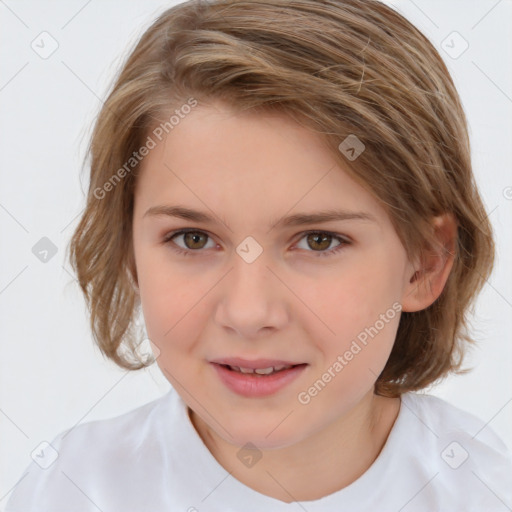 Joyful white child female with medium  brown hair and brown eyes