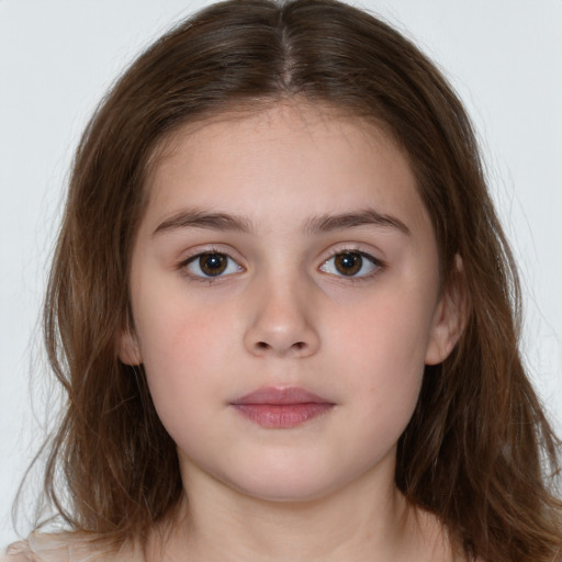 Neutral white child female with long  brown hair and brown eyes