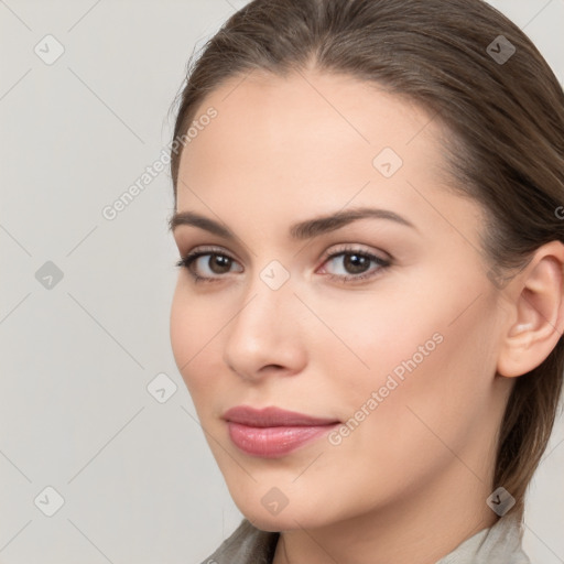 Neutral white young-adult female with medium  brown hair and brown eyes