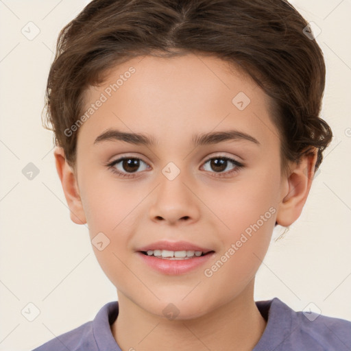 Joyful white child female with short  brown hair and brown eyes