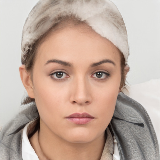 Neutral white young-adult female with short  brown hair and brown eyes