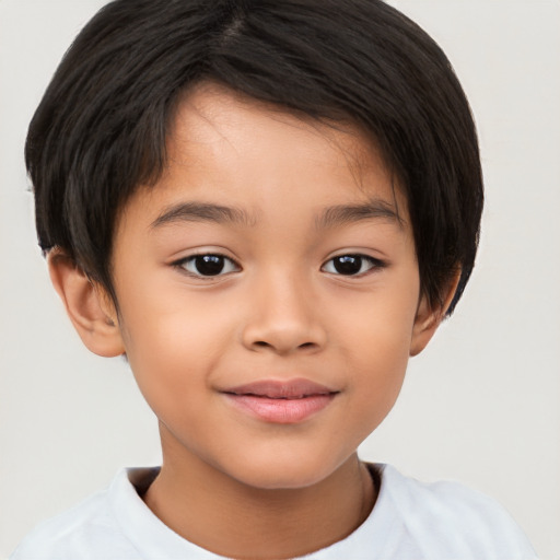 Joyful white child female with short  brown hair and brown eyes