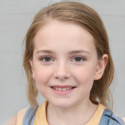 Joyful white child female with medium  brown hair and blue eyes