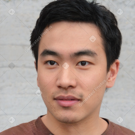 Neutral asian young-adult male with short  black hair and brown eyes