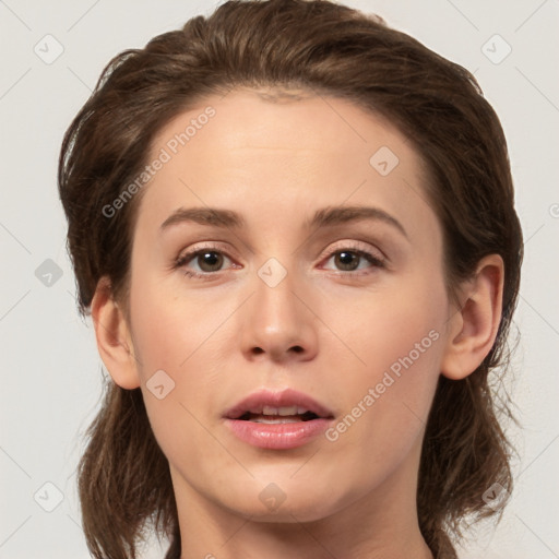 Neutral white young-adult female with medium  brown hair and brown eyes