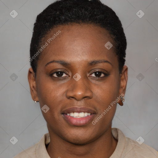 Joyful black young-adult female with short  brown hair and brown eyes