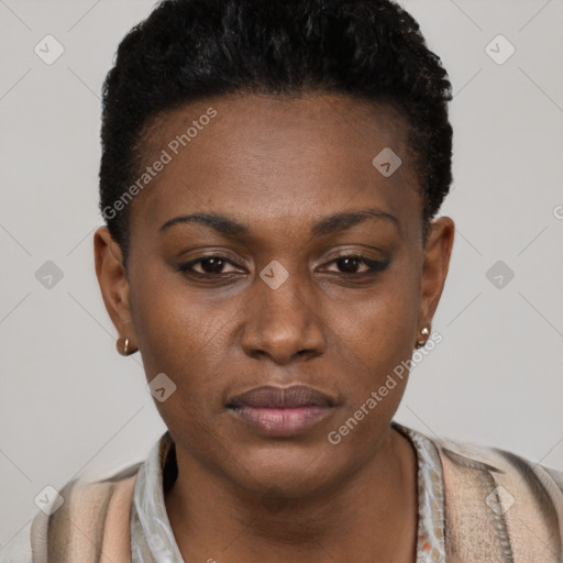 Neutral black young-adult female with short  black hair and brown eyes