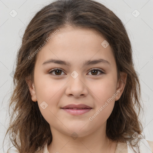 Joyful white child female with medium  brown hair and brown eyes