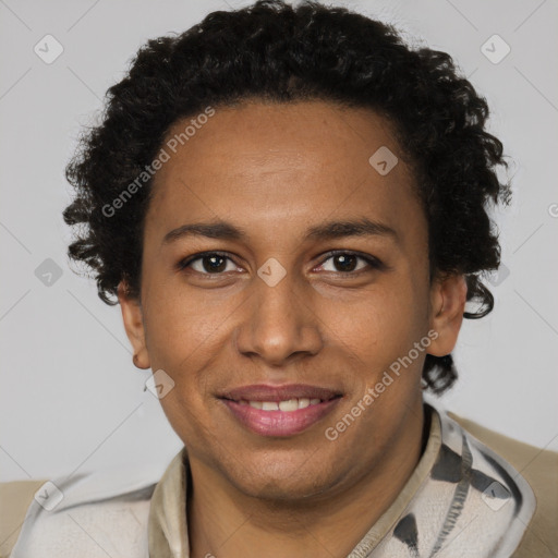 Joyful black adult female with short  brown hair and brown eyes