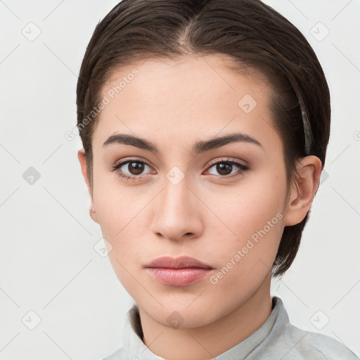 Neutral white young-adult female with short  brown hair and brown eyes