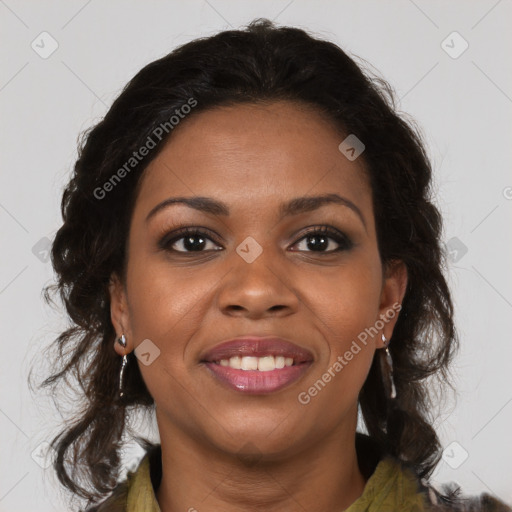 Joyful black young-adult female with medium  brown hair and brown eyes