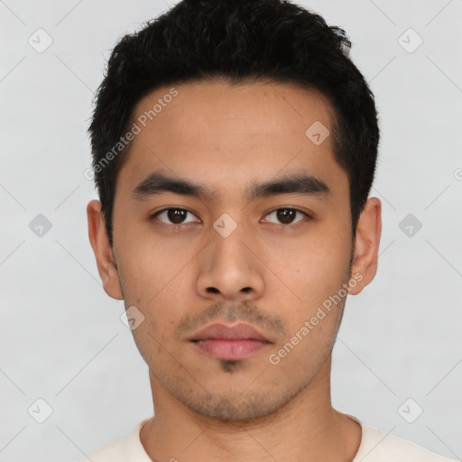 Neutral asian young-adult male with short  black hair and brown eyes