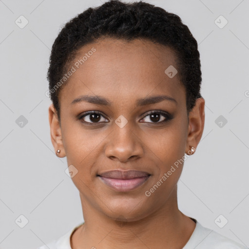 Joyful black young-adult female with short  black hair and brown eyes