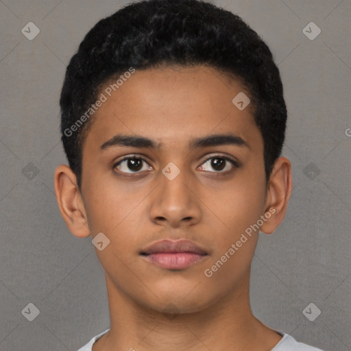 Neutral latino young-adult male with short  black hair and brown eyes