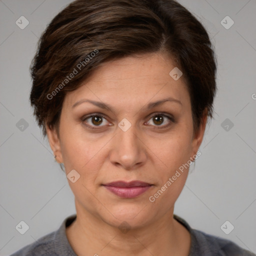 Joyful white adult female with short  brown hair and brown eyes