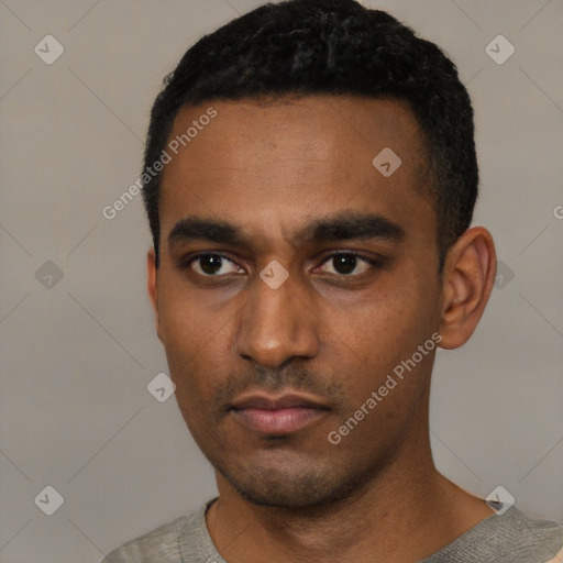 Neutral black young-adult male with short  black hair and brown eyes