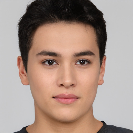 Neutral asian young-adult male with short  brown hair and brown eyes