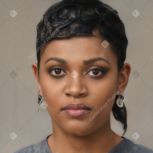 Joyful black young-adult female with short  black hair and brown eyes