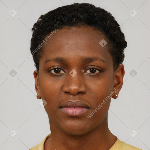 Neutral black young-adult female with short  brown hair and brown eyes