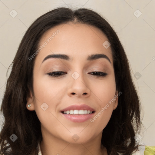Joyful asian young-adult female with long  brown hair and brown eyes