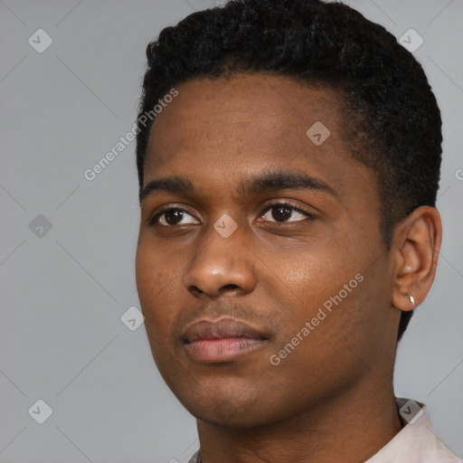 Neutral black young-adult male with short  black hair and brown eyes