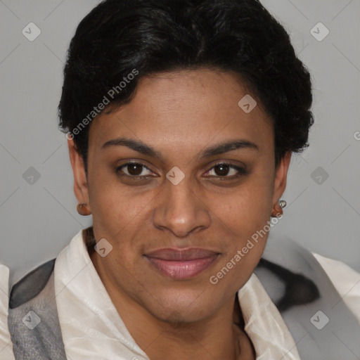 Joyful latino young-adult female with short  brown hair and brown eyes