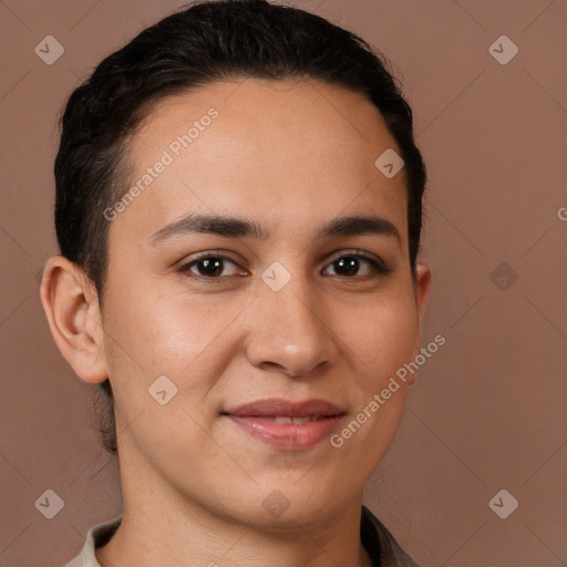 Joyful white young-adult female with short  brown hair and brown eyes