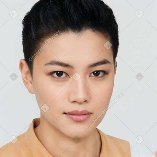 Neutral asian young-adult female with short  brown hair and brown eyes