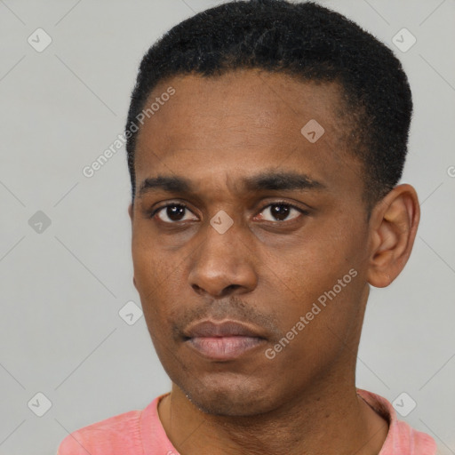 Neutral latino young-adult male with short  black hair and brown eyes