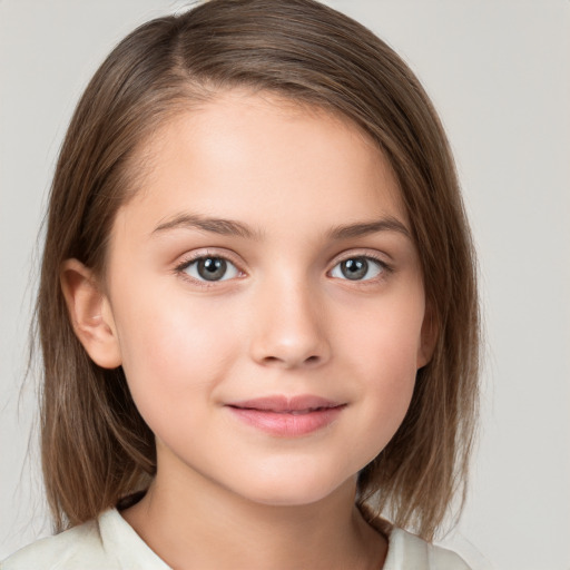 Joyful white child female with medium  brown hair and brown eyes