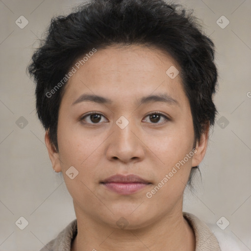 Neutral asian young-adult female with short  brown hair and brown eyes