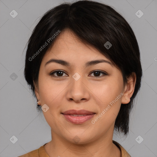 Joyful white young-adult female with medium  brown hair and brown eyes