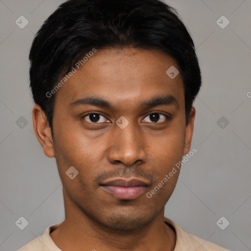 Neutral asian young-adult male with short  black hair and brown eyes